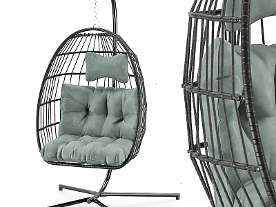Comfortable Rattan Hanging Chair With Metal Frame And Light Green Cushions 3d model