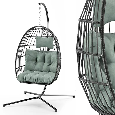 Comfortable Rattan Hanging Chair With Metal Frame And Light Green Cushions 3d model