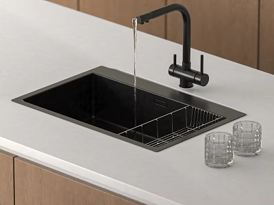 Black Kitchen Sink With Faucet Drainer Rack Glass Cups White Countertop Wooden Cabinets 3d model