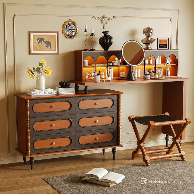 Wooden Dressing Table With Multiple Drawers Woven Stool Mirror Wall Art And Decorative Bottles 3d model 