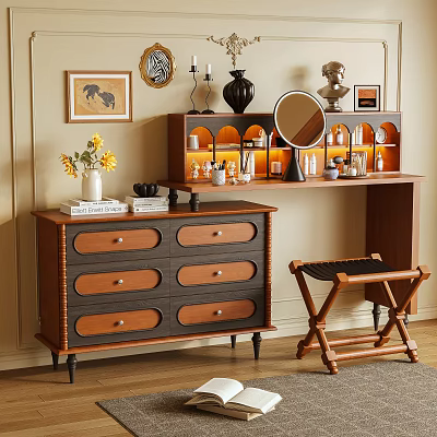 Wooden Dressing Table With Multiple Drawers Woven Stool Mirror Wall Art And Decorative Bottles 3d model