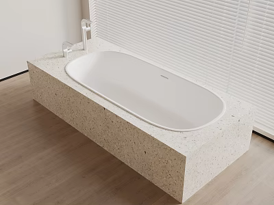 Modern White Bathtub on Terrazzo Base with Chrome Faucet in Minimalist Bathroom Wooden Floor 3d model