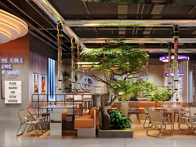 Modern Hot Pot Restaurant Interior With Green Plants Neon Lights And Cozy Seating Area 3d model