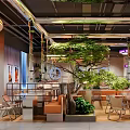 Modern Hot Pot Restaurant Interior With Green Plants Neon Lights And Cozy Seating Area