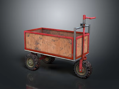 Wooden Cart with Red Frame Handle Worn Body and Four Wheels Vintage Style 3d model