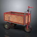Wooden Cart with Red Frame Handle Worn Body and Four Wheels Vintage Style