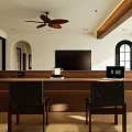 Modern Living Dining Room Interior With Black Leather Sofa Wooden Ceiling Fan And Patterned Area Rug