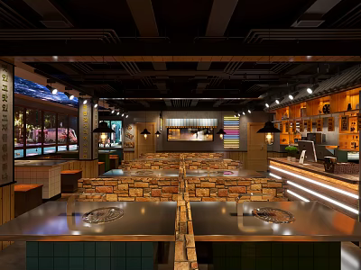 Modern Restaurant Interior With Stone Dining Tables And Warm Lighting Design 3d model