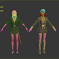 Two Female Character Models In Military And Captain Uniforms With Standing Poses