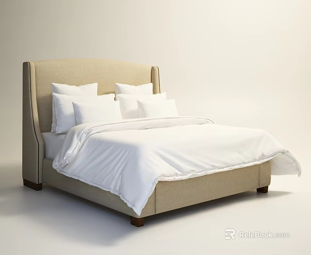 Modern Double Bed With Beige Upholstered Headboard White Bedspread And Pillows 3d model