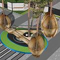 Modern Oval Shaped Wooden Pergola Surrounded by Tall Trees and Pool