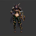 Female Fantasy Game Character With Ornate Purple Green Gold Armor Horned Helmet Cloak And Weapon