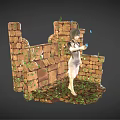 Female Character In White Dress Standing By Stone Walls With Plants And Butterfly