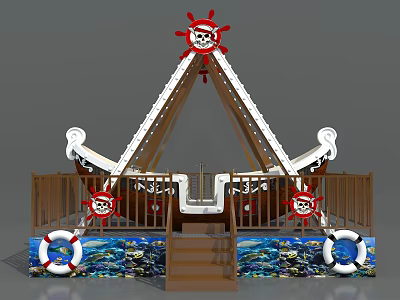 Pirate Ship Amusement Ride With Skull Logo Lifebuoy And Ocean Theme Decoration 3d model
