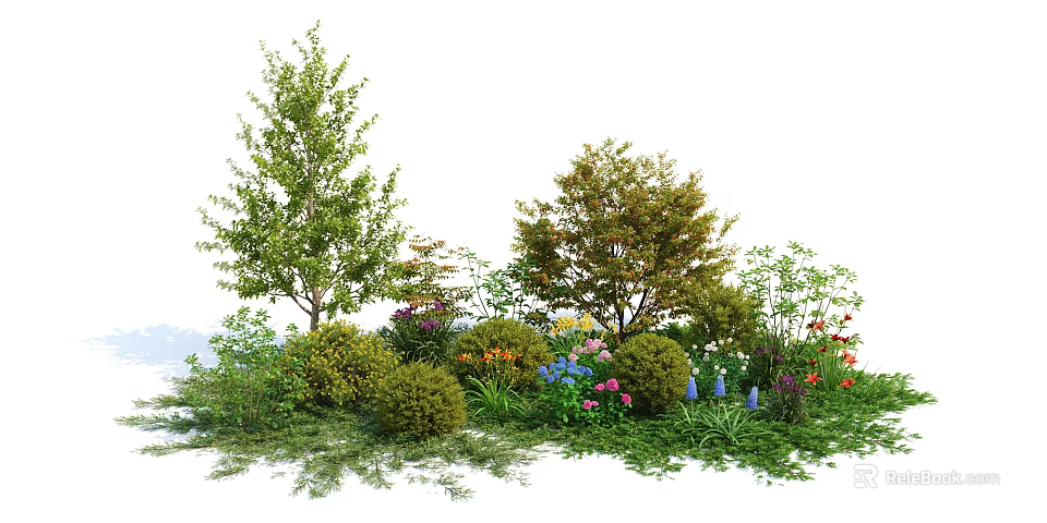 Lush Garden Shrubs With Colorful Flowers Trees And Green Foliage 3d model 