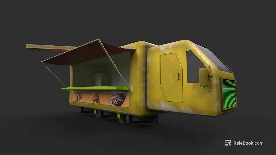 Yellow Rustic Mobile Food Truck With Awning And Food Display Window 3d model 