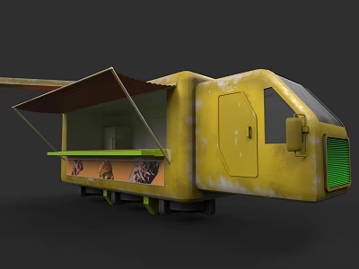 Yellow Rustic Mobile Food Truck With Awning And Food Display Window 3d model