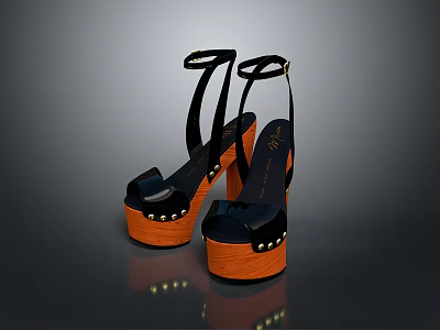 Stylish Black Platform Sandals With Rivet Decor And Ankle Straps 3d model