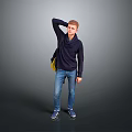 Man In Dark Blue Sweater Jeans With Yellow Backpack Touching Head Against Gray Background