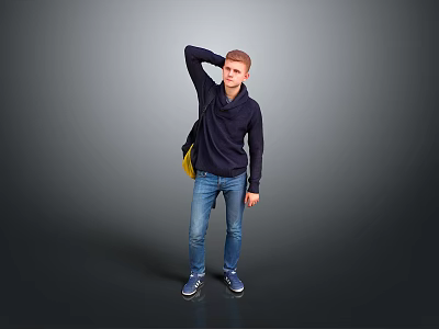 Man In Dark Blue Sweater Jeans With Yellow Backpack Touching Head Against Gray Background 3d model