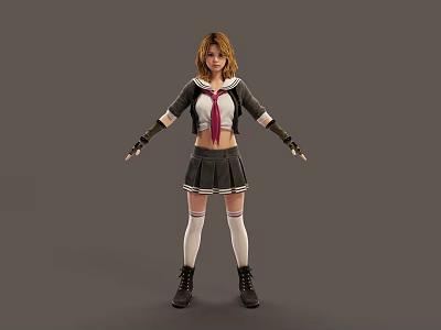 A Woman In Sailor Collar Top And Pleated Skirt Standing With Extended Arms 3d model