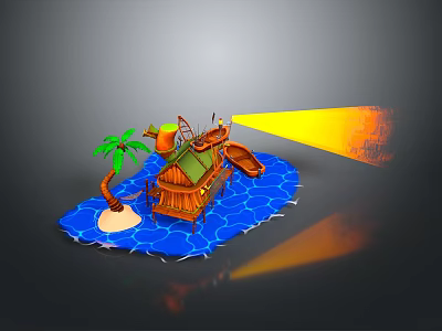Cartoon Scene With Island Palm Tree Hut Slide Blue Water And Yellow Light Beam 3d model
