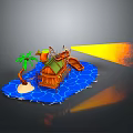 Cartoon Scene With Island Palm Tree Hut Slide Blue Water And Yellow Light Beam