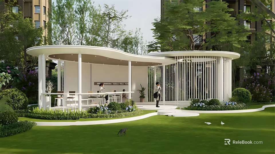 Safe Joyful Children's Playground With White Pavilion Green Lawn Trees And Tall Buildings 3d model 