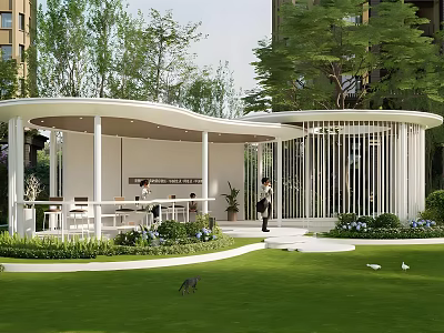 Safe Joyful Children's Playground With White Pavilion Green Lawn Trees And Tall Buildings 3d model