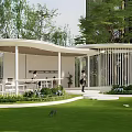 Safe Joyful Children's Playground With White Pavilion Green Lawn Trees And Tall Buildings