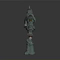 Man Like Mechanical Robot With Blue Green Armor And Red Legs Standing