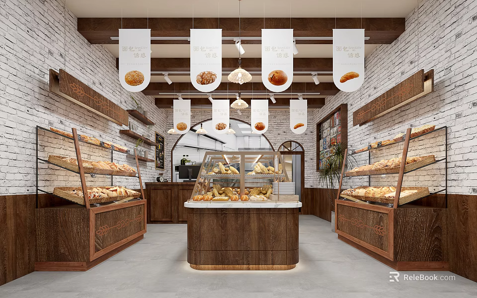 Cozy Bakery Interior With Brick Walls Display Cases And Bread Signs 3d model 