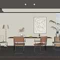 Minimalist Modern Dining Room Featuring Long Table Chairs Abstract Painting Floor Lamp And Greenery