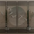 Modern Room Divider With Black Frame Crane Pattern Background Wall And Potted Plants 3d model