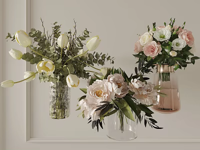 Glass Vases with White Tulips Pink Roses and Green Leaves for Floral Home Decor 3d model