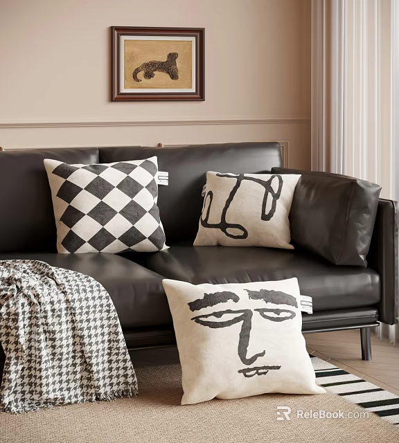 Stylish Black Leather Sofa Decor With Checkered Abstract Line And Face Pillows And Houndstooth Blanket 3d model 