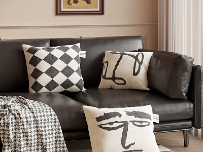 Stylish Black Leather Sofa Decor With Checkered Abstract Line And Face Pillows And Houndstooth Blanket 3d model