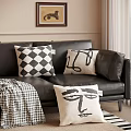 Stylish Black Leather Sofa Decor With Checkered Abstract Line And Face Pillows And Houndstooth Blanket