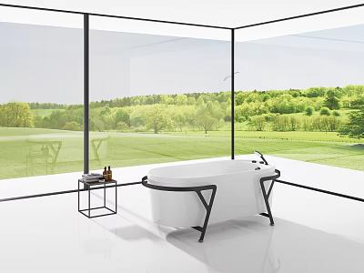 Modern White Bathtub With Black Metal Stand In Glass Wall Bathroom Overlooking Green Landscape 3d model