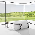 Modern White Bathtub With Black Metal Stand In Glass Wall Bathroom Overlooking Green Landscape