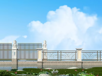 Building Exterior Wall Featuring Carved Wrought Iron Railings Stone Pillars And Greenery Under Blue Sky 3d model