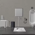 Modern Bathroom Interior With Urinal Toilet Tank Squat Toilet Trash Can And Accessories