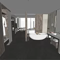 Hotel Bathroom Interior With Marble Countertop Round Mirror White Bathtub And Mountain View