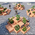 Modular Wooden Tree Planters in Urban Outdoor Plaza With Green Plants and People Sitting Around