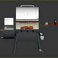 Outdoor Portable Grill With Food On Grill Grates Side Tray Holding Sauce Bottles