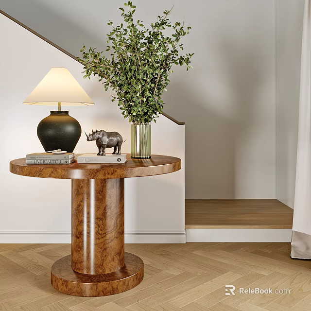 Round Wooden Console Table With Table Lamp Books Rhino Figurine Green Plant And Staircase Background 3d model 