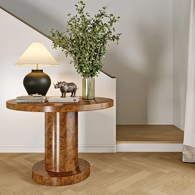 Round Wooden Console Table With Table Lamp Books Rhino Figurine Green Plant And Staircase Background 3d model