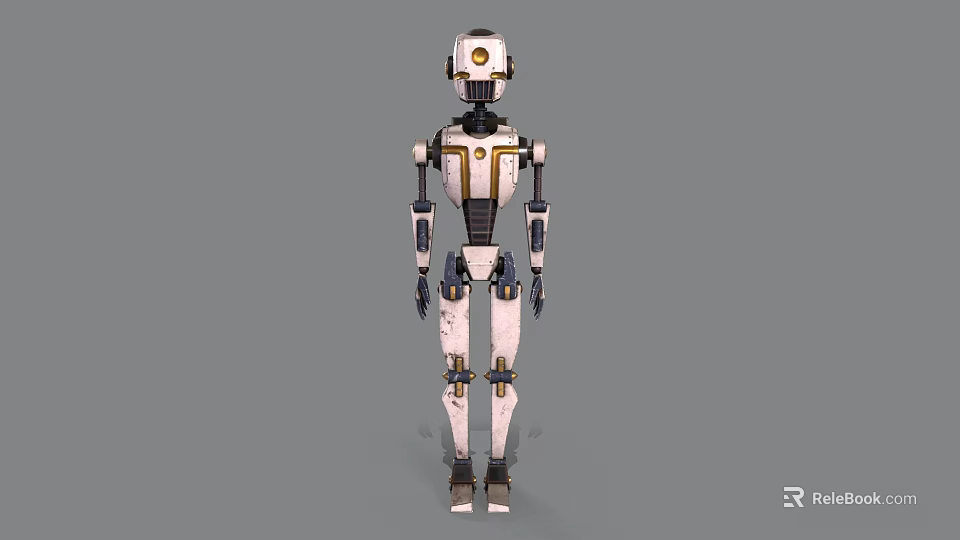 Game Movie Character Mechanical Robot With White Black Body And Gold Accents 3d model 