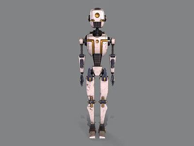 Game Movie Character Mechanical Robot With White Black Body And Gold Accents 3d model