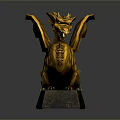 Golden Dragon Mythical Creature Statue With Spread Wings On Dark Stone Base Decorative Sculpture